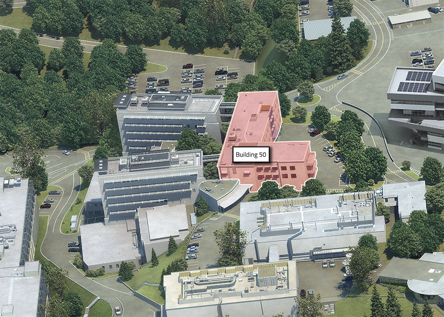 Aerial view of Building 50 and surrounding buildings
