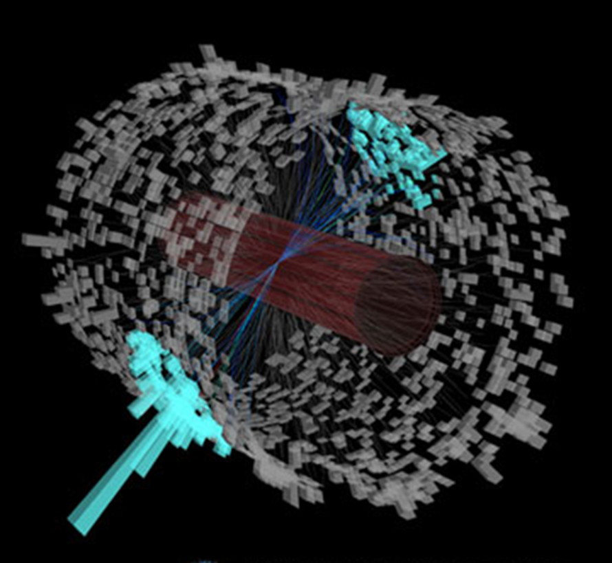 STAR event display of a central (head-on) Au+Au collision with back-to-back jets.