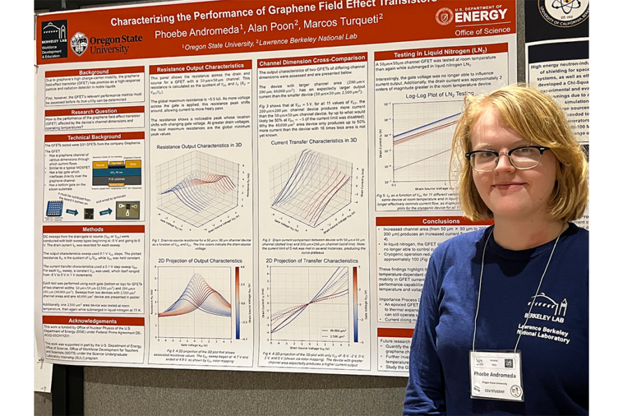 SULI undergraduate Phoebe Andromeda presenting their GFET work at the Conference Experience for Undergraduates (CEU) poster session.