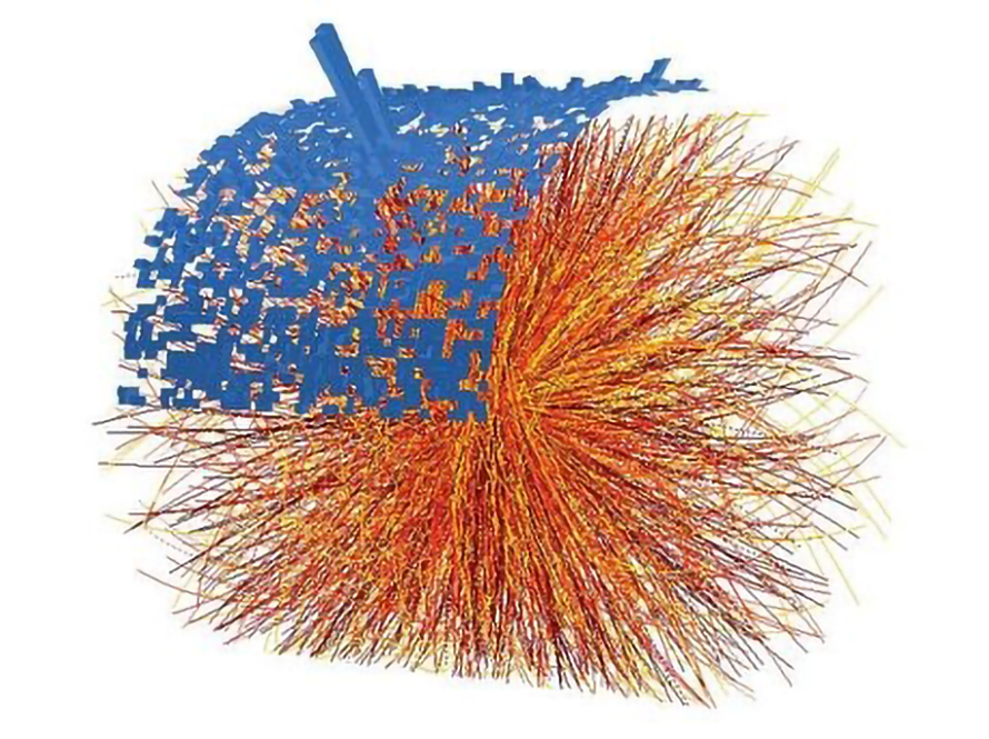 Visualization of a relativistic nuclear collision.