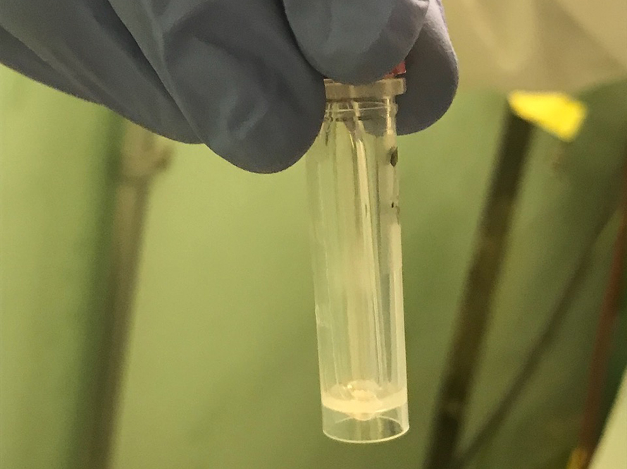 Gloved hand holding a vial containing radium.