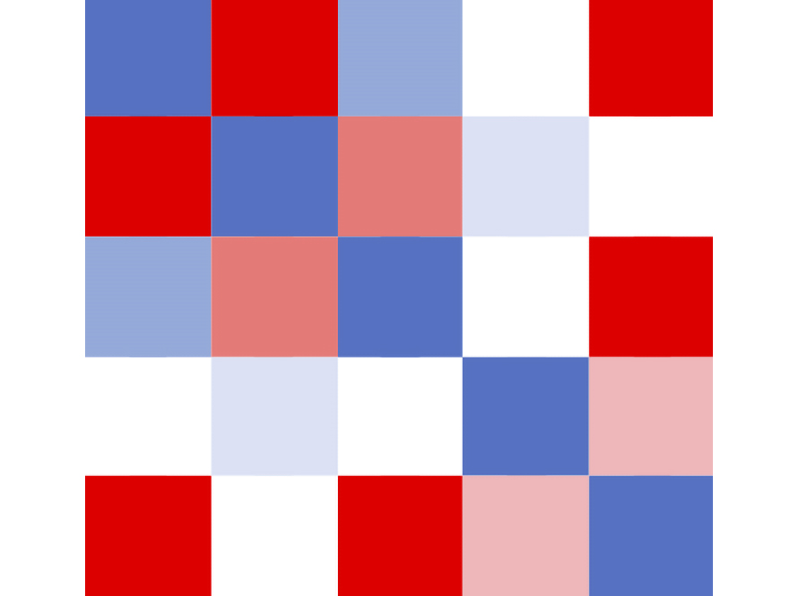 A checkerboard matrix of red, white, and blue tiles.