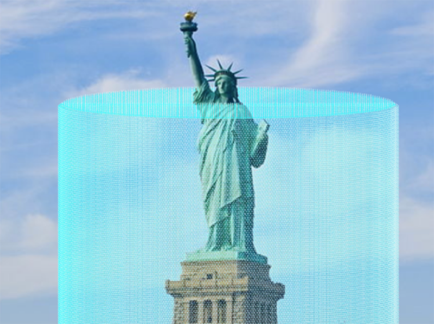 The Statue of Liberty encased in a translucent blue cylinder up to her neck.