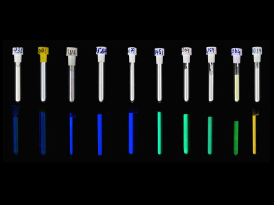 A few pieces of different scintillators enclosed in quartz cuvettes. The top row is seen under fluorescent tube lighting, while the bottom row shows the same samples under UV 254 nm Hg illumination.