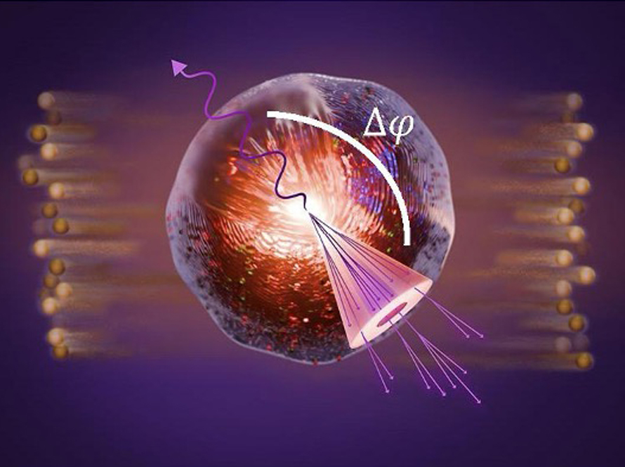 Artist’s rendering of QGP formation in a nuclear collision at RHIC, in which a high-energy photon (purple line) and jet of correlated particles (cone) propagate back-to-back in the QGP. Jet scattering in the QGP broadens the distribution of their azimuthal opening angle.