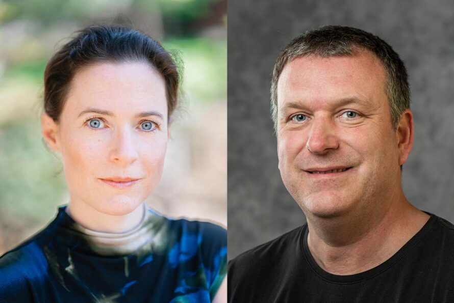 A white woman with brown hair and a blue and black shirt and a white man with brown hair and a black shirt in front of a grey background.