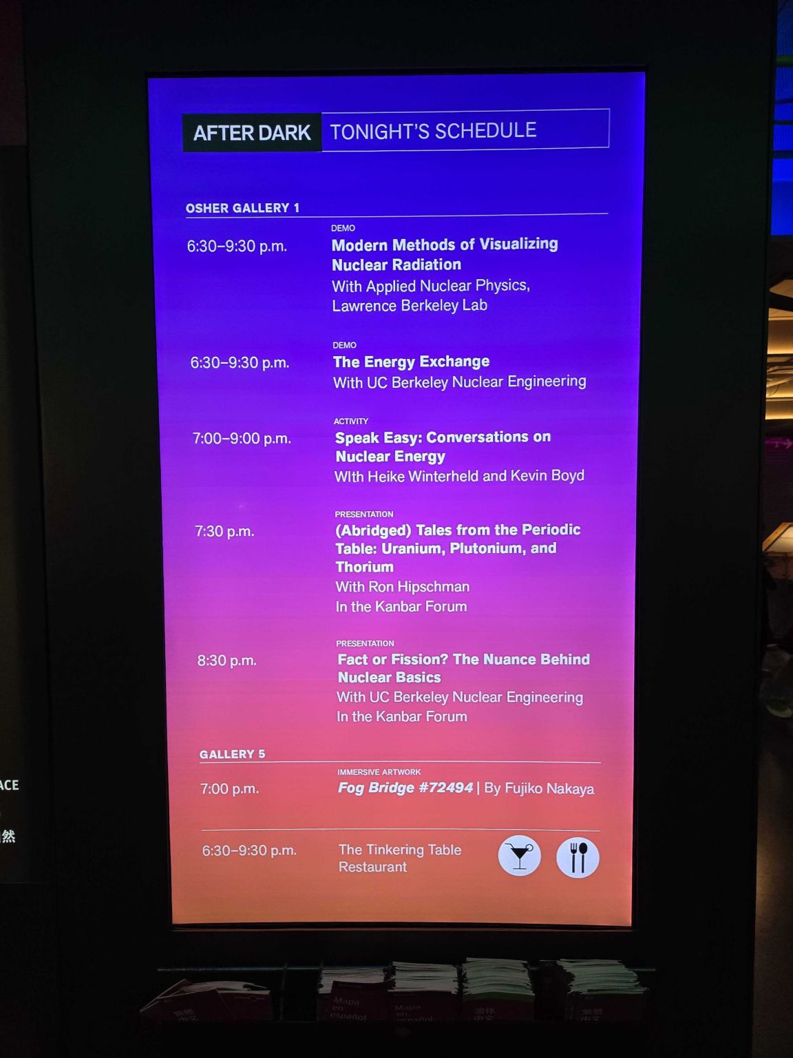 A display showing the agenda of the After Dark event.