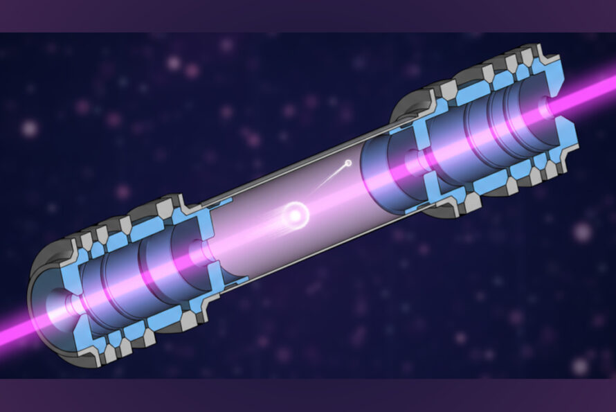 Illustration of the ion trap used by the ISOLDE team to measure the electron affinity of chlorine. In the trap, chlorine anions are reflected back and forth between two electrostatic ion mirrors, allowing the laser beam (pink) to probe the anions for much longer than in conventional measurements. The laser frequency is tuned to find the exact photon energy above which the extra electron (small white circle) is removed from the anion.