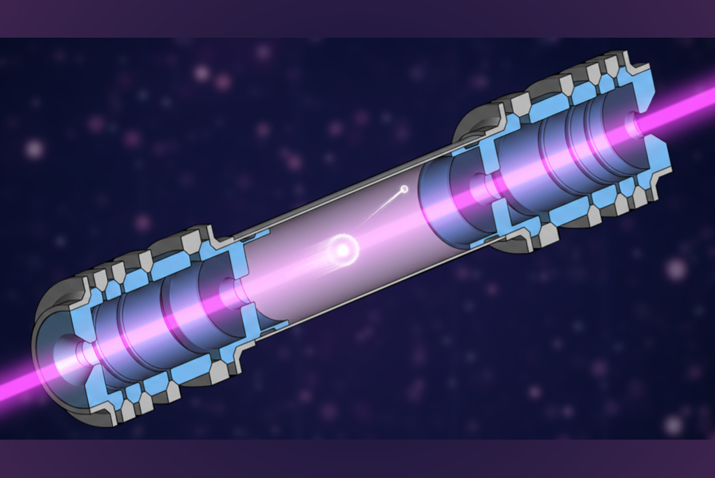 Illustration of the ion trap used by the ISOLDE team to measure the electron affinity of chlorine. In the trap, chlorine anions are reflected back and forth between two electrostatic ion mirrors, allowing the laser beam (pink) to probe the anions for much longer than in conventional measurements. The laser frequency is tuned to find the exact photon energy above which the extra electron (small white circle) is removed from the anion.
