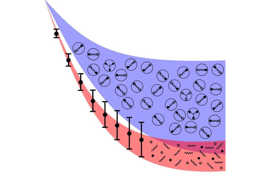 A comparison of experimental data (black dots) with theoretical predictions. The red band represents the Quark-Gluon Plasma scenario, which matches the data better than the Hadron Gas scenario (blue band).