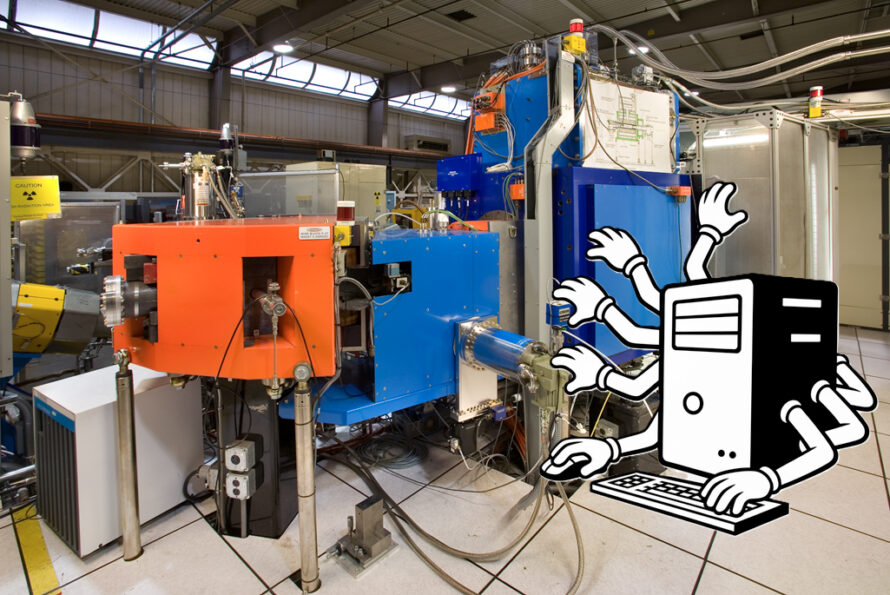 The superconducting ECR ion source VENUS is pictured with an AI-generated, cartoon, eight-armed computer that appears to be making adjustments to the source. Arms missing hands and the fact that the existing hands are all doing things not useful to source operation inspire questions of AI/ML’s readiness for either quality image generation or ion source operation.